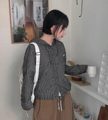 Heiki Pocket String Check Hood Shirt